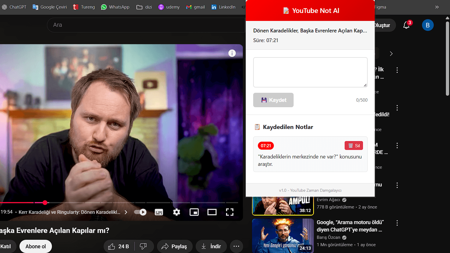YouTube Video Notları Chrome Uzantısı